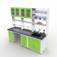CE Certified Modern Epoxy Powder Coated Iron Frame Laboratory Table Bench with End Sink Cabinet Light on Shelf 2 Drawers