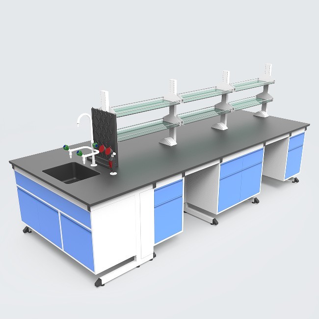 Biology Laboratory Furniture Lab Island Bench with Water Sink / Reagent Shelf / Upper Cupboard
