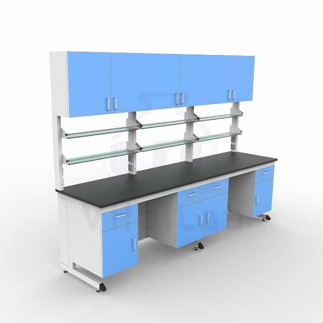Modular Modern Metal Laboratory Workbench System Customizable Size Lab Table Strong Alkali Resistance Epoxy Powder Coating for