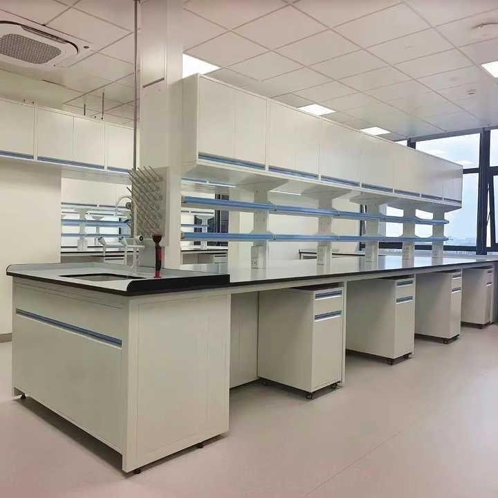 Customized Lab Benches With Reagent Shelf Lab Workstation With Water Sink and Upper Cupboard