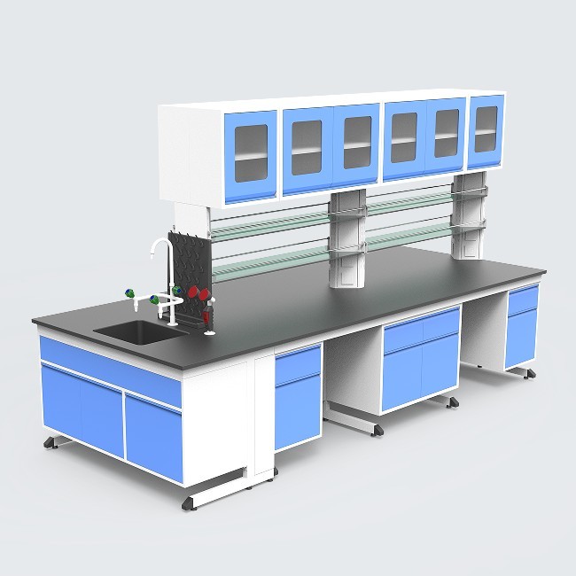 Biology Laboratory Furniture Lab Island Bench with Water Sink / Reagent Shelf / Upper Cupboard
