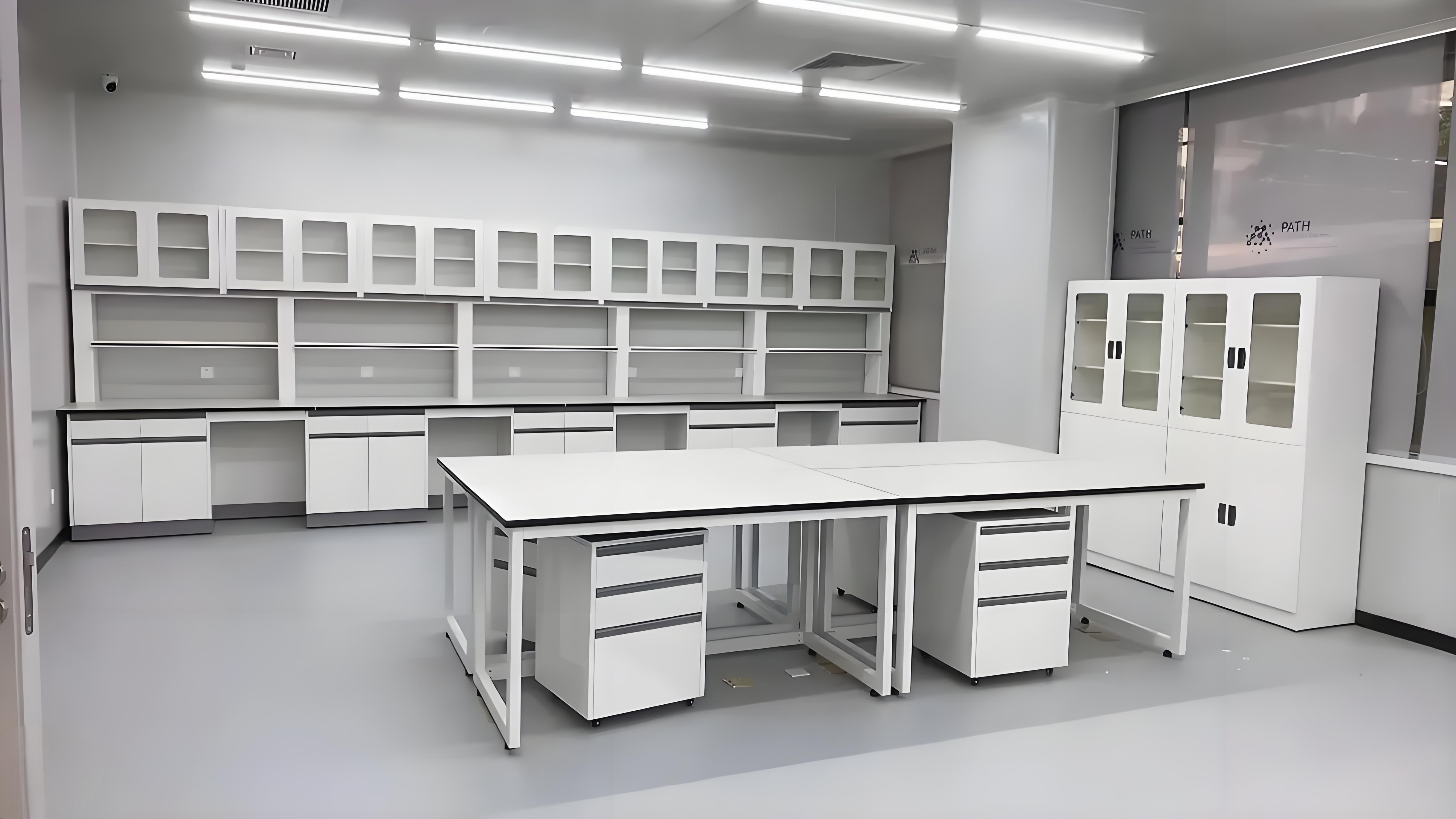 White Color Cosmetic Laboratory Wall Bench with Glass Door Cupboard