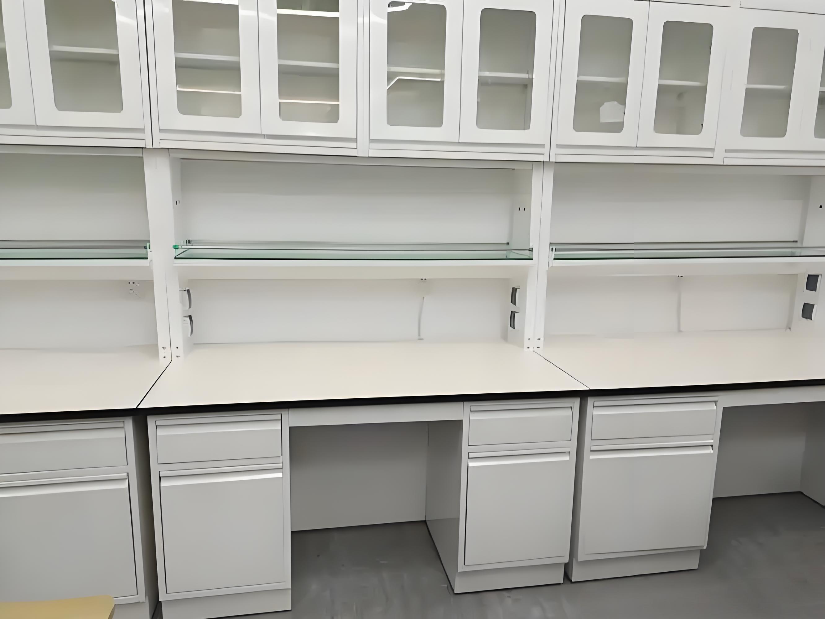 White Color Cosmetic Laboratory Wall Bench with Glass Door Cupboard