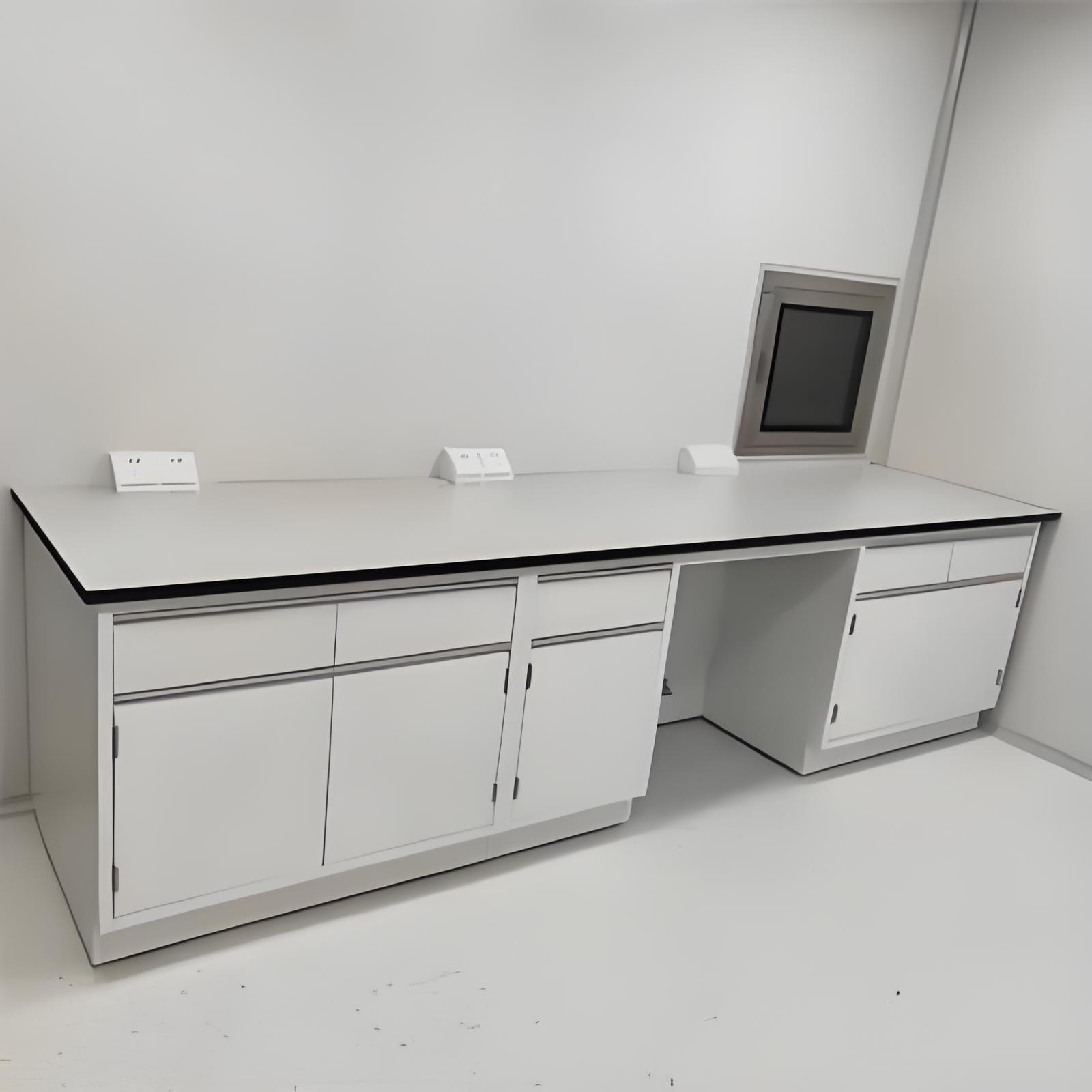 White Color Cosmetic Laboratory Wall Bench with Glass Door Cupboard