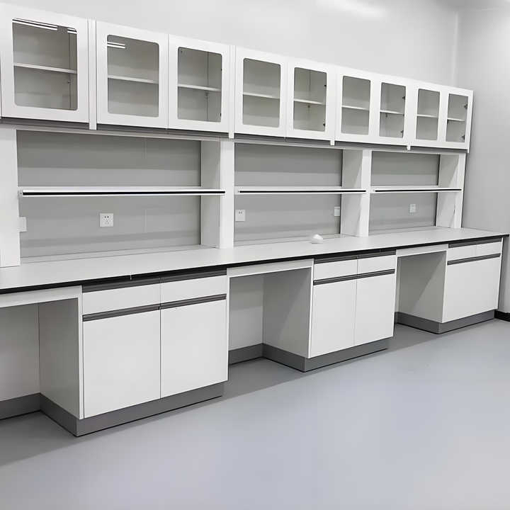 White Color Cosmetic Laboratory Wall Bench with Glass Door Cupboard
