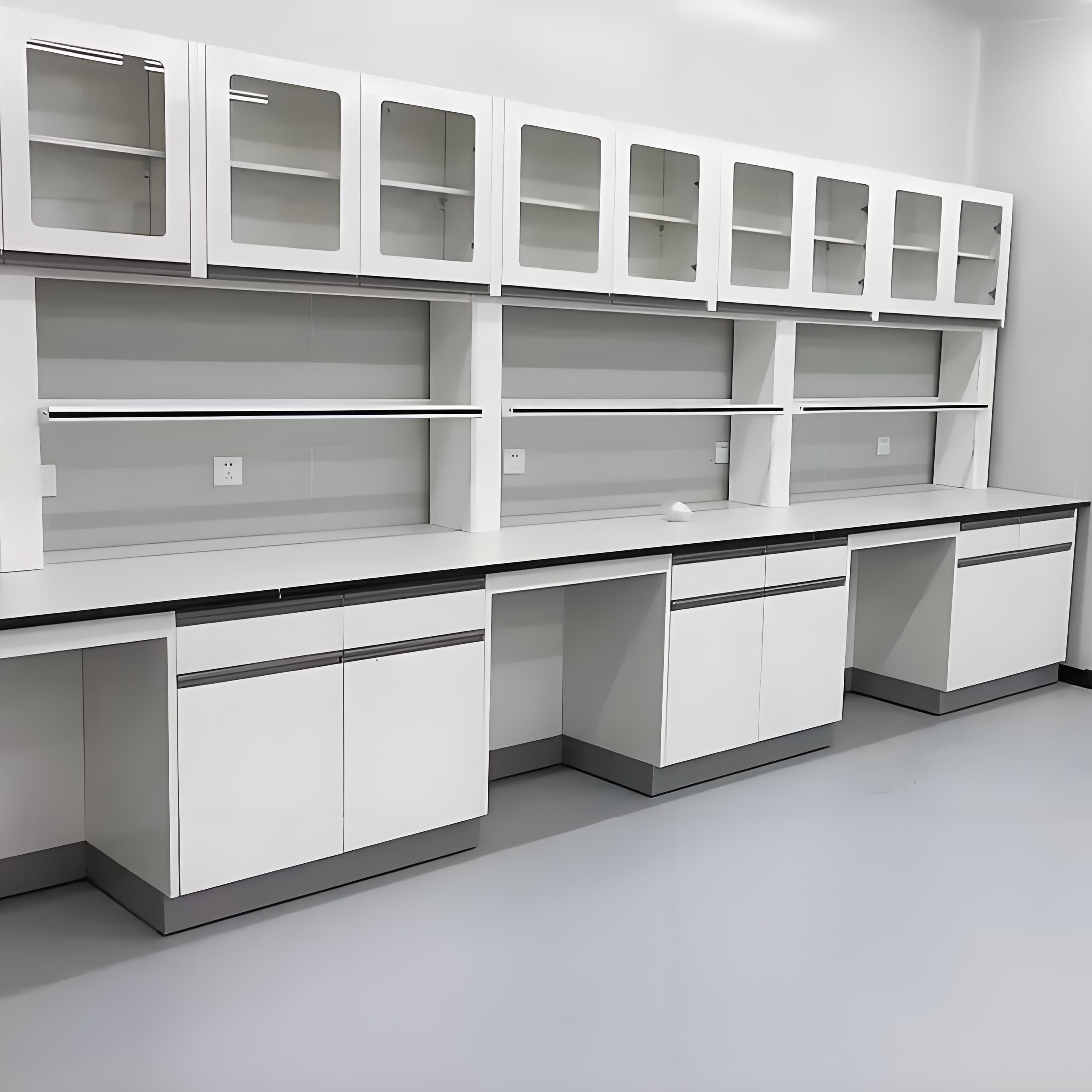 White Color Cosmetic Laboratory Wall Bench with Glass Door Cupboard