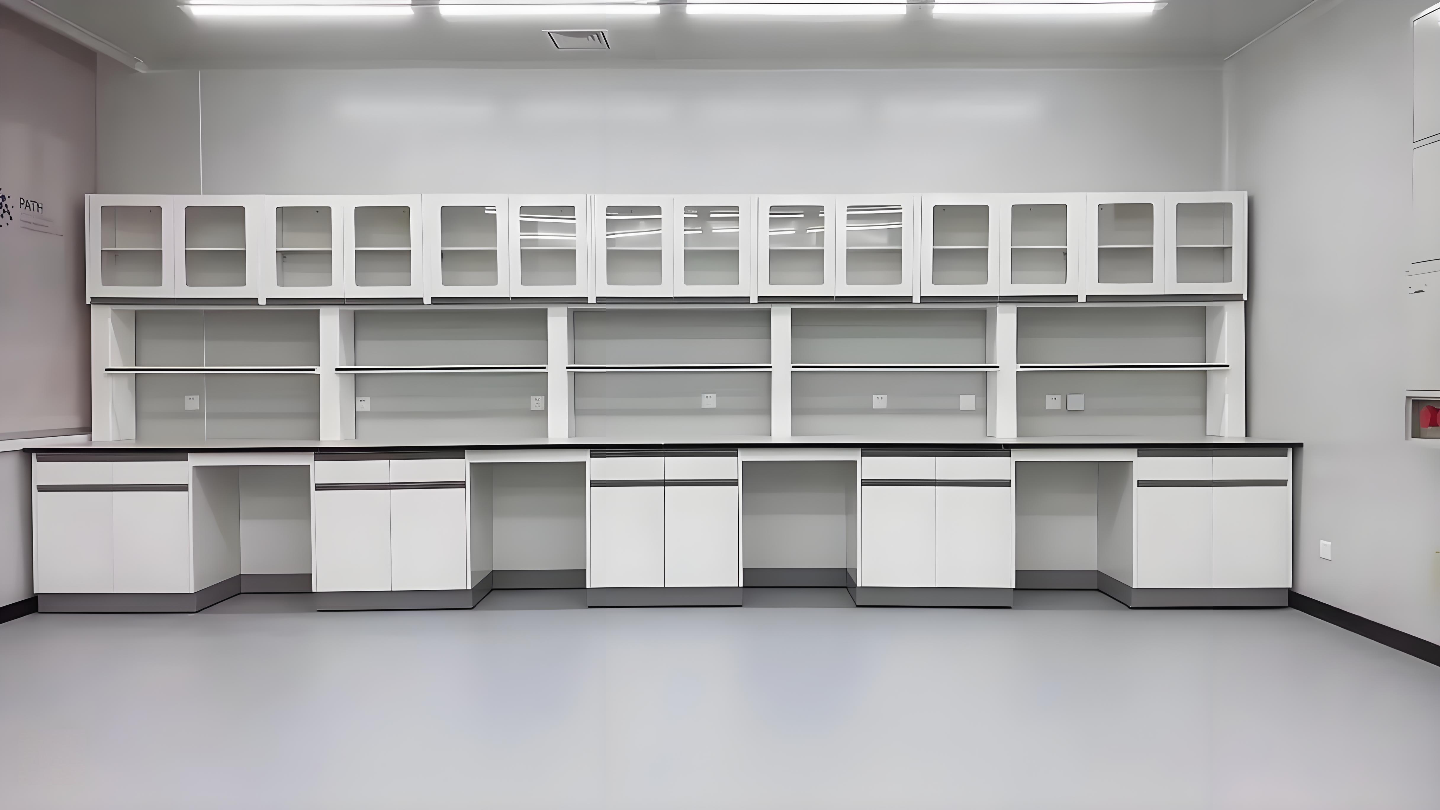 White Color Cosmetic Laboratory Wall Bench with Glass Door Cupboard
