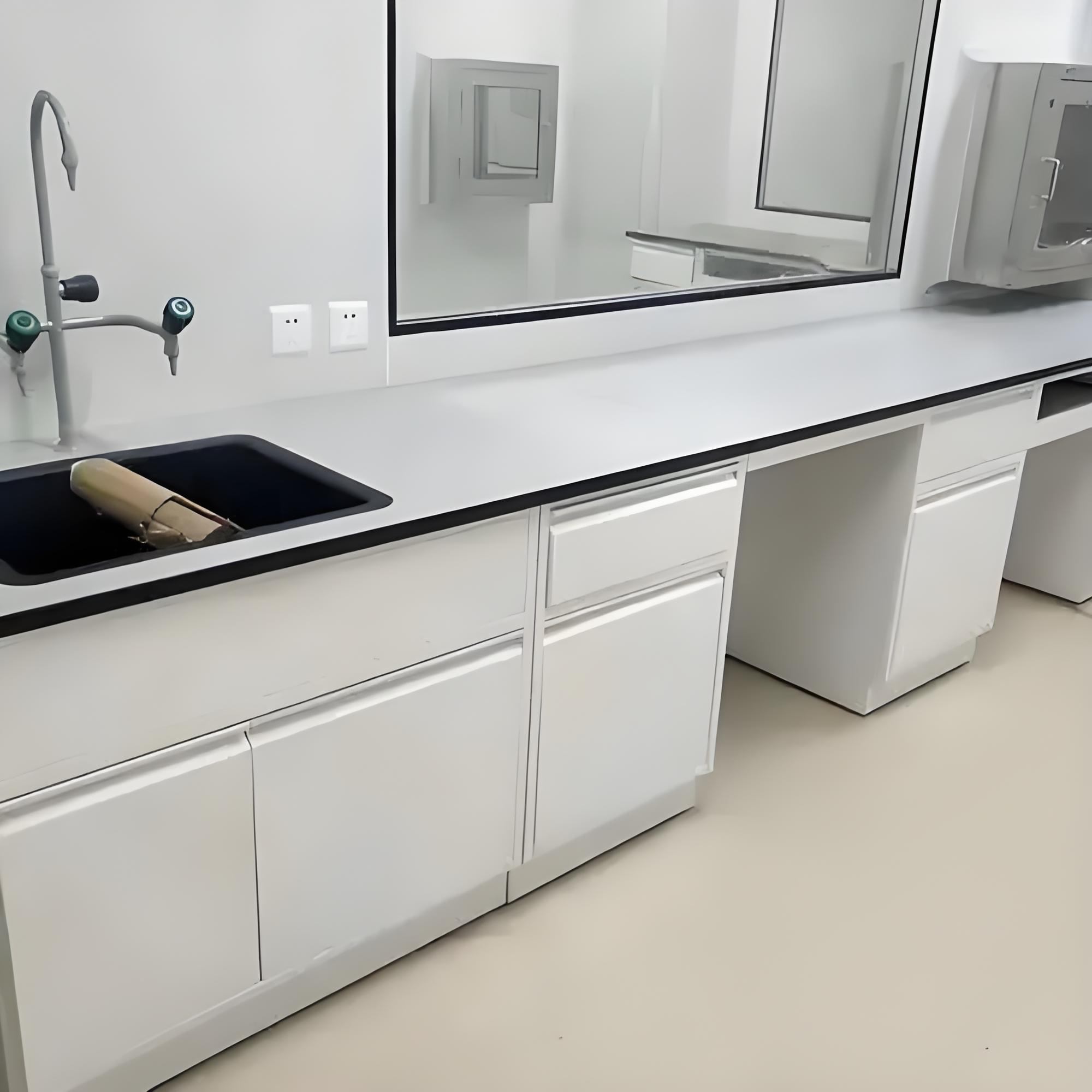 White Color Cosmetic Laboratory Wall Bench with Glass Door Cupboard
