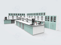 Heavy Duty Floor Mounted Chemical Lab Furniture L Shape Wall Bench and Island Benches with Reagent Shelf and Water Cabinet