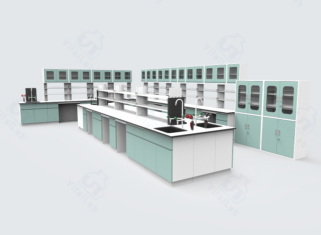 Heavy Duty Floor Mounted Chemical Lab Furniture L Shape Wall Bench and Island Benches with Reagent Shelf and Water Cabinet