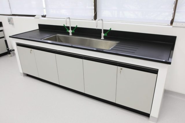 University Physical Lab Wall Bench Electric Work Table with Metal Storage Cabinet and 4 Drawers for Chemical Laboratory