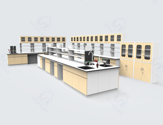 Heavy Duty Floor Mounted Chemical Lab Furniture L Shape Wall Bench and Island Benches with Reagent Shelf and Water Cabinet