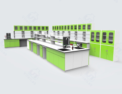 Heavy Duty Floor Mounted Chemical Lab Furniture L Shape Wall Bench and Island Benches with Reagent Shelf and Water Cabinet
