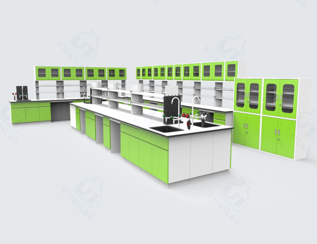 Heavy Duty Floor Mounted Chemical Lab Furniture L Shape Wall Bench and Island Benches with Reagent Shelf and Water Cabinet