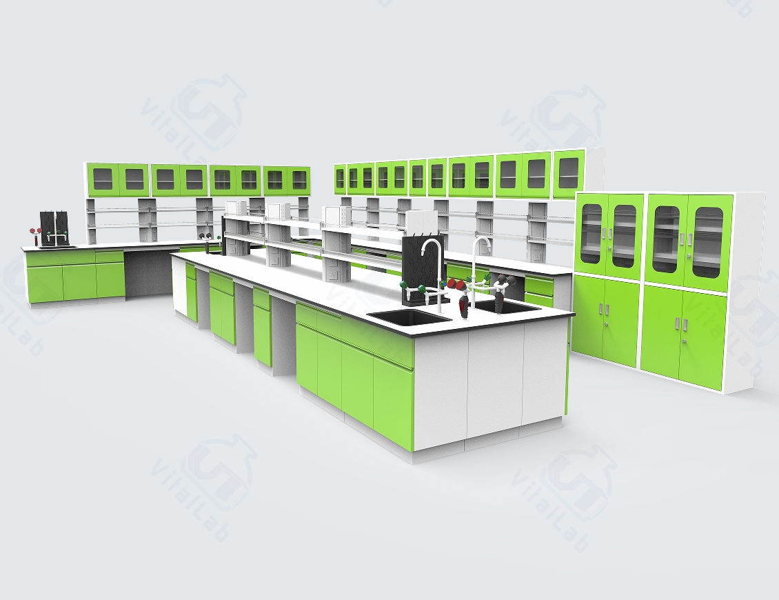 Heavy Duty Floor Mounted Chemical Lab Furniture L Shape Wall Bench and Island Benches with Reagent Shelf and Water Cabinet