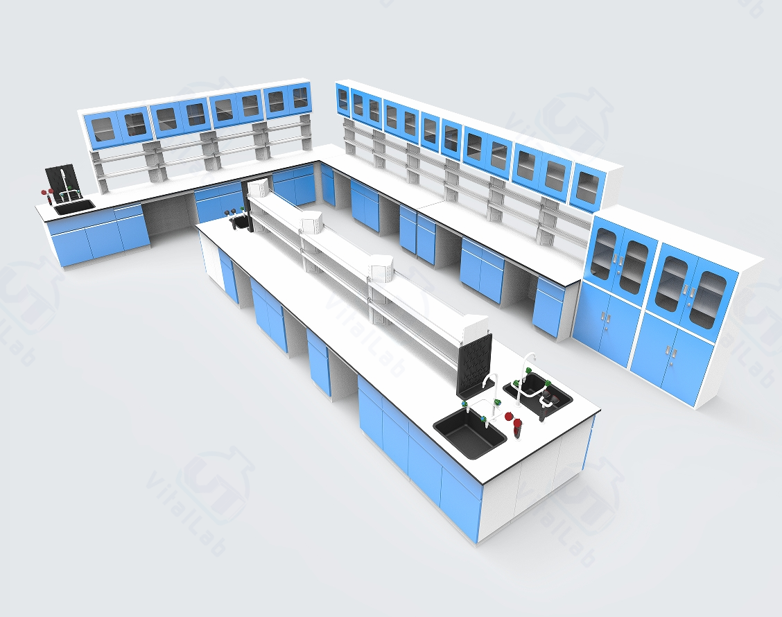 Heavy Duty Floor Mounted Chemical Lab Furniture L Shape Wall Bench and Island Benches with Reagent Shelf and Water Cabinet