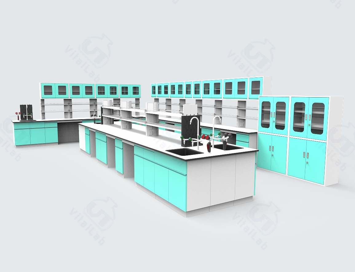Heavy Duty Floor Mounted Chemical Lab Furniture L Shape Wall Bench and Island Benches with Reagent Shelf and Water Cabinet