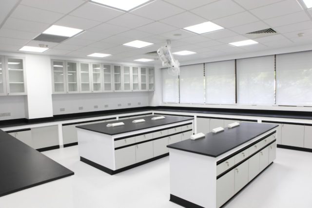 University Physical Lab Wall Bench Electric Work Table with Metal Storage Cabinet and 4 Drawers for Chemical Laboratory