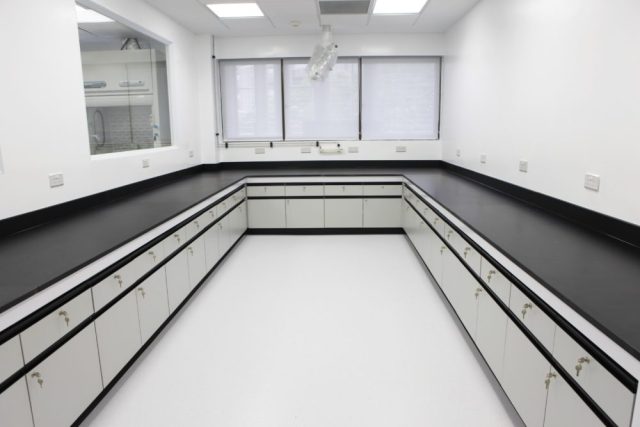 University Physical Lab Wall Bench Electric Work Table with Metal Storage Cabinet and 4 Drawers for Chemical Laboratory