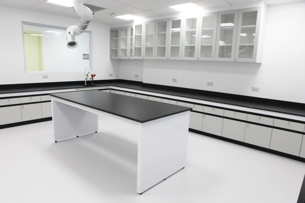 University Physical Lab Wall Bench Electric Work Table with Metal Storage Cabinet and 4 Drawers for Chemical Laboratory