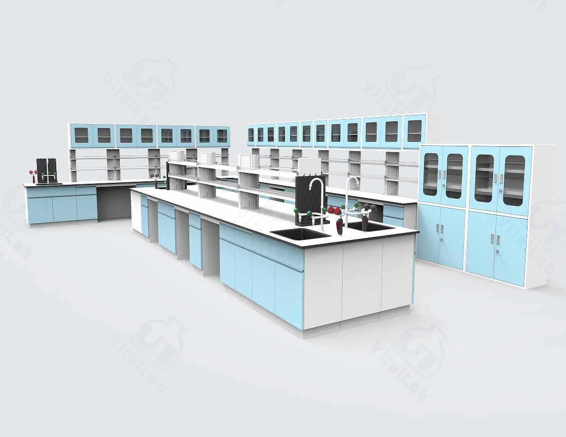 Heavy Duty Floor Mounted Chemical Lab Furniture L Shape Wall Bench and Island Benches with Reagent Shelf and Water Cabinet