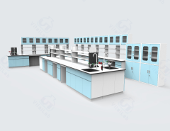 Heavy Duty Floor Mounted Chemical Lab Furniture L Shape Wall Bench and Island Benches with Reagent Shelf and Water Cabinet