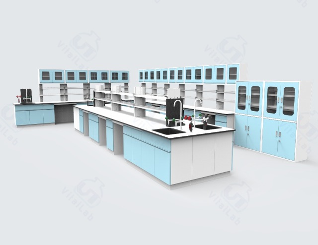 Heavy Duty Floor Mounted Chemical Lab Furniture L Shape Wall Bench and Island Benches with Reagent Shelf and Water Cabinet