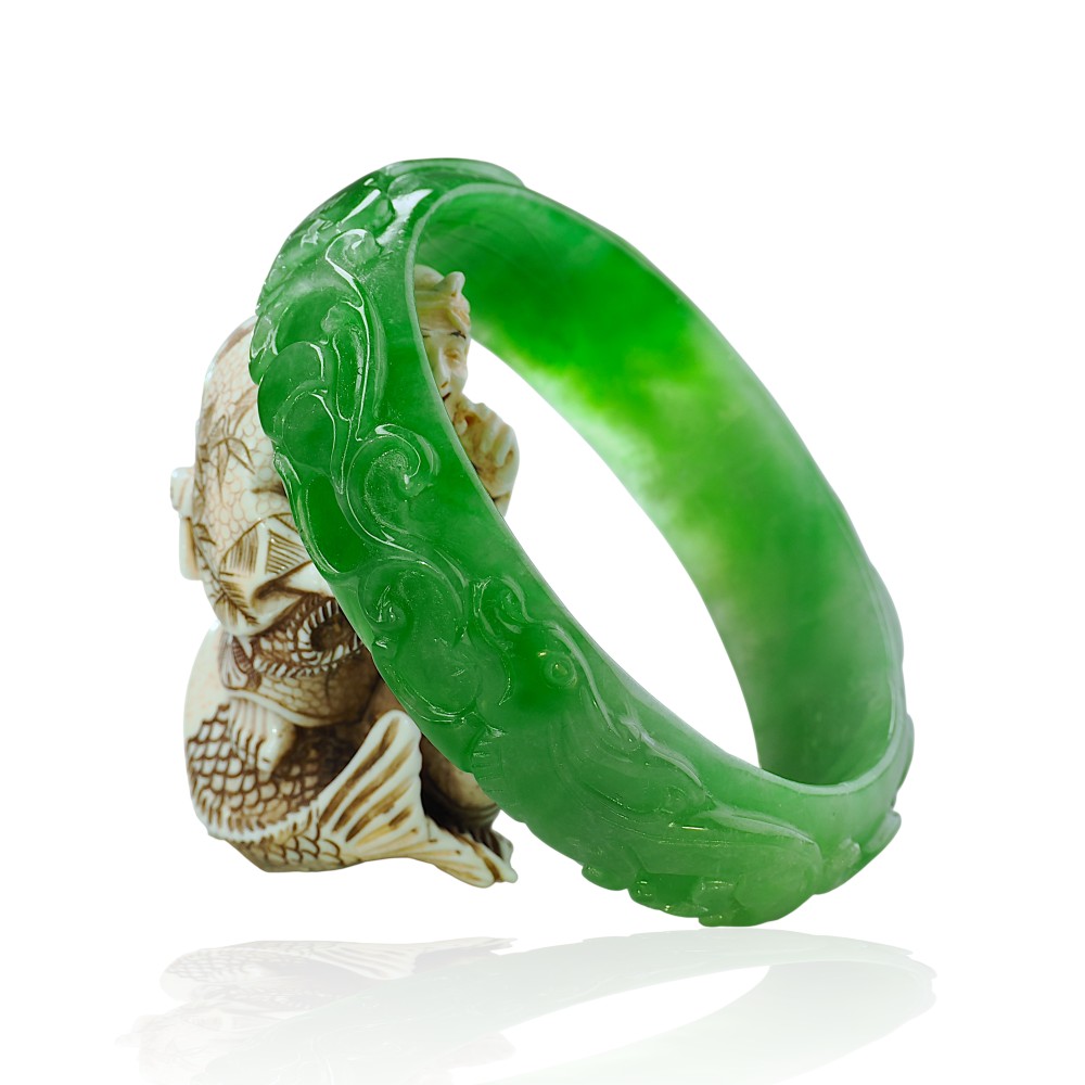 Carved Solid Green Jade Bangle