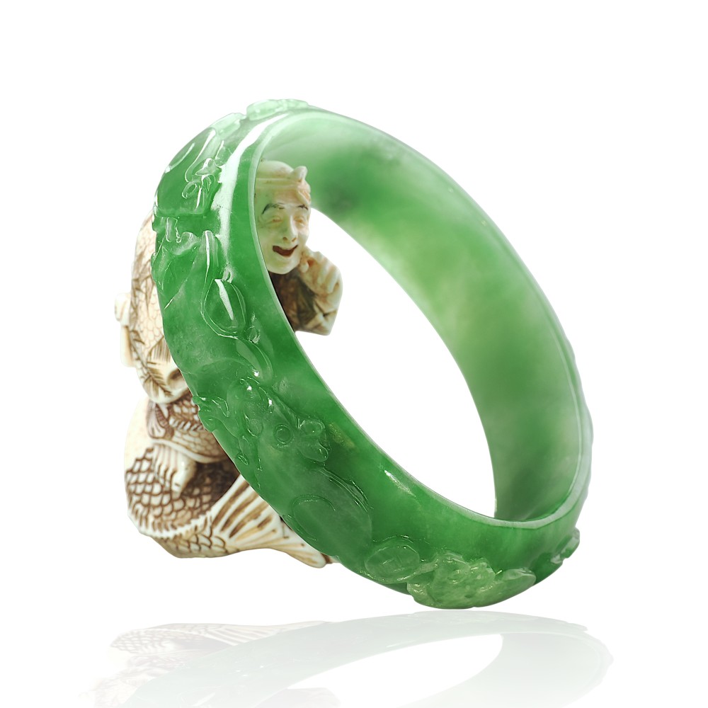 Carved Solid Green Jade Bangle