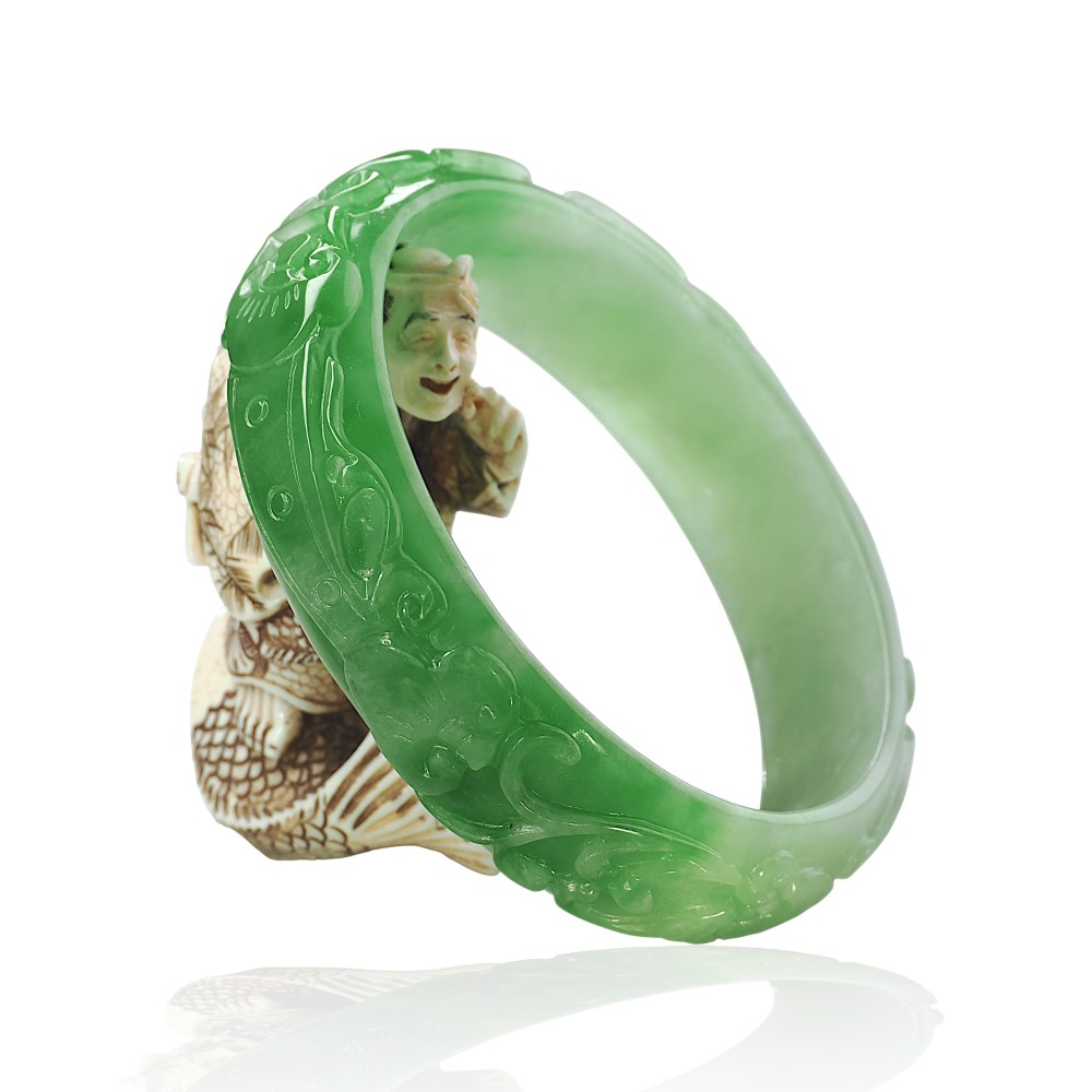 Carved Solid Green Jade Bangle