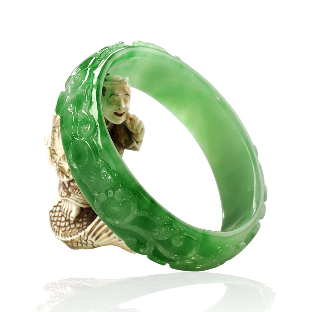 Carved Solid Green Jade Bangle