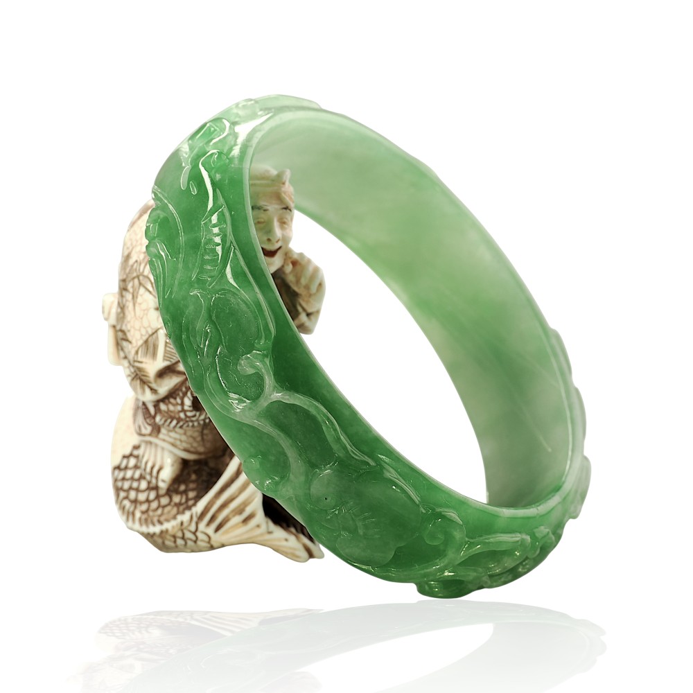 Carved Solid Green Jade Bangle