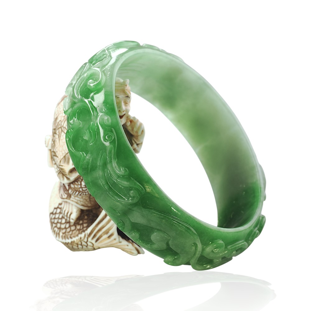 Carved Solid Green Jade Bangle
