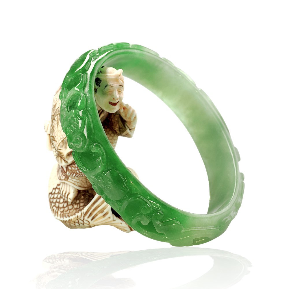 Carved Solid Green Jade Bangle
