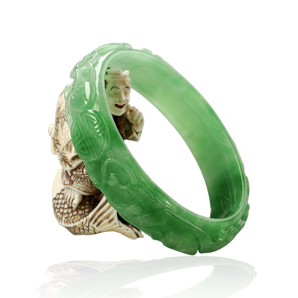 Carved Solid Green Jade Bangle