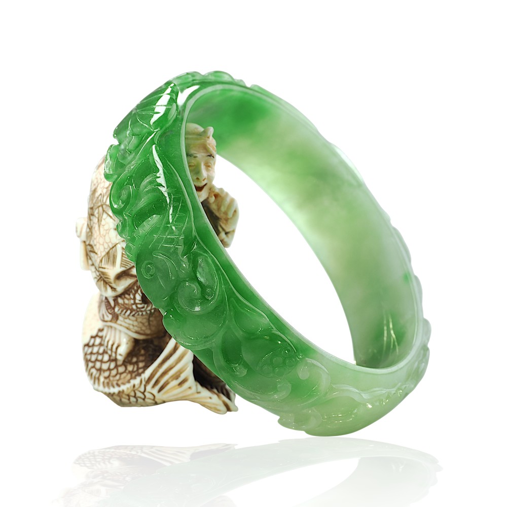 Carved Solid Green Jade Bangle