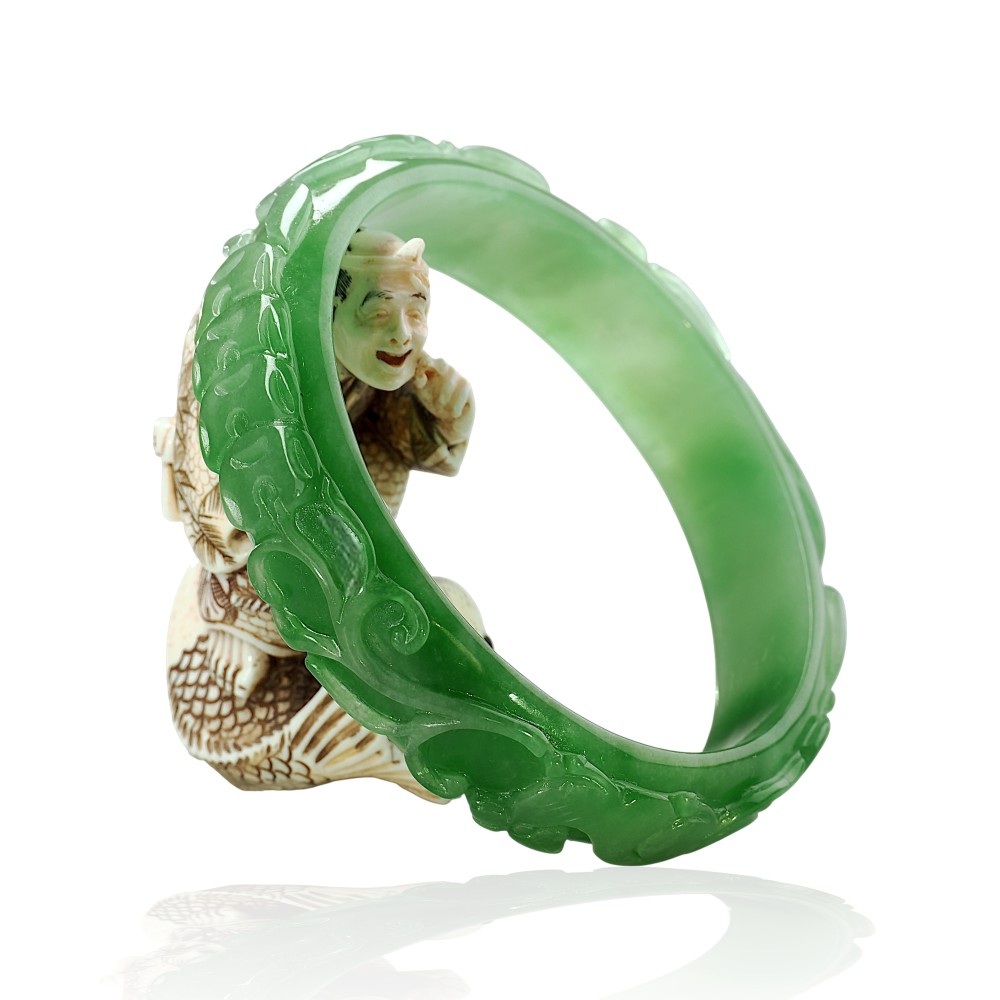 Carved Solid Green Jade Bangle