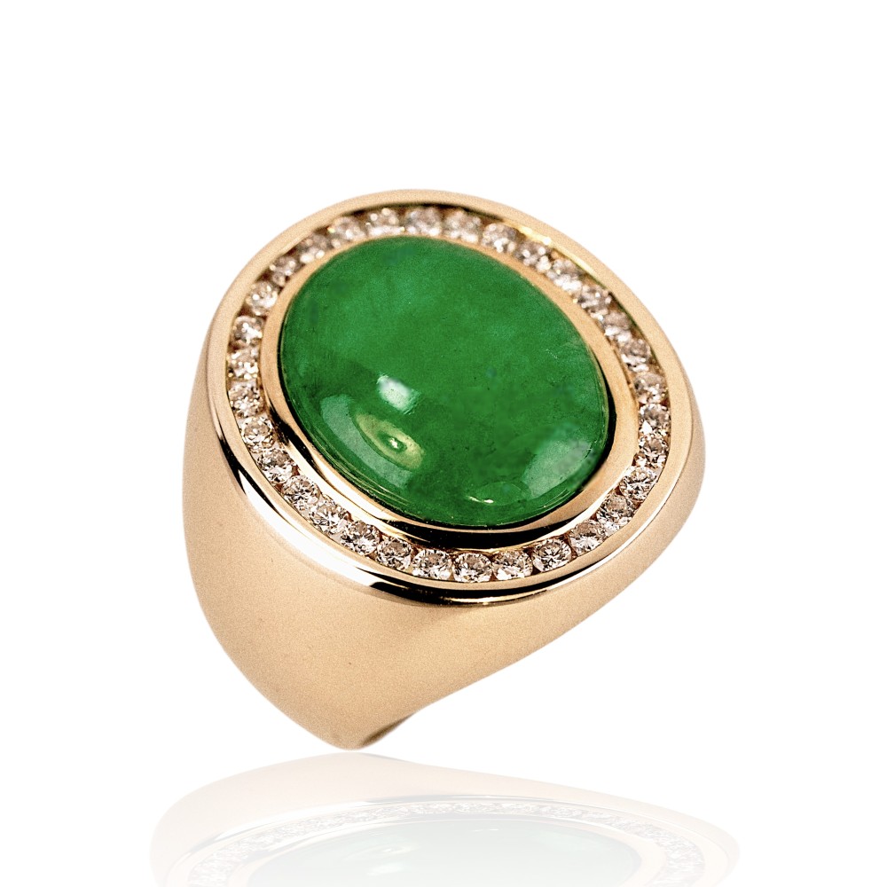 Imperial green jade cabochon ring with diamond halo, classic luxury