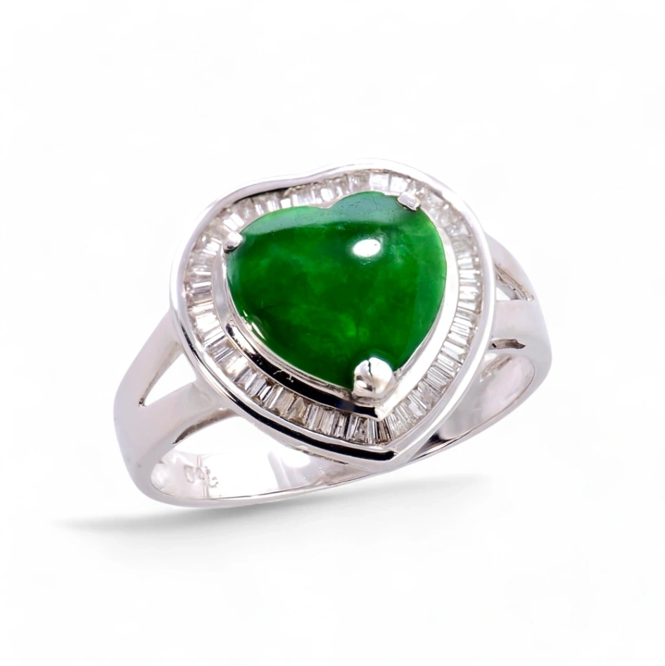 Imperial green jade heart ring with diamond halo, romantic elegance