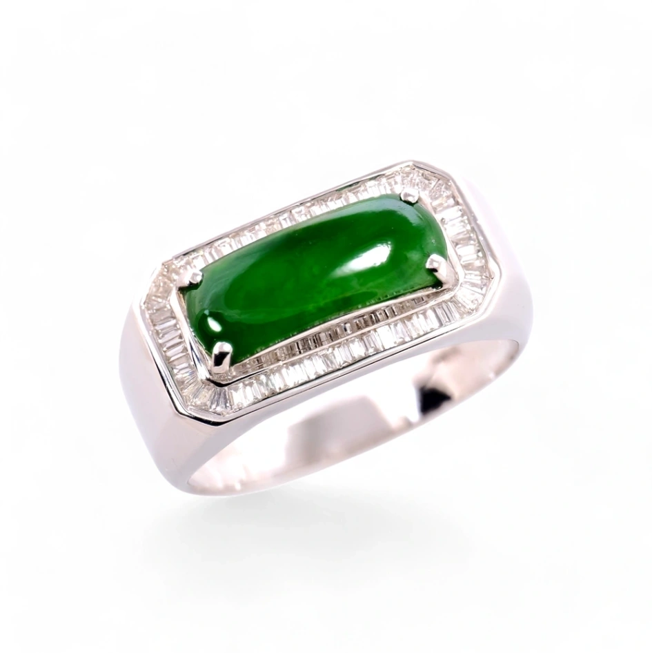 Imperial Green Jadeite Jade Ring in 18K White Gold with Baguette Diamond Halo
