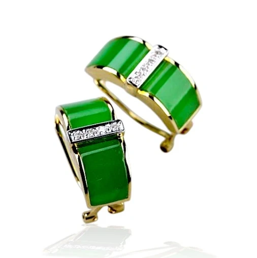 14K Gold Green Jade Diamond Earrings
