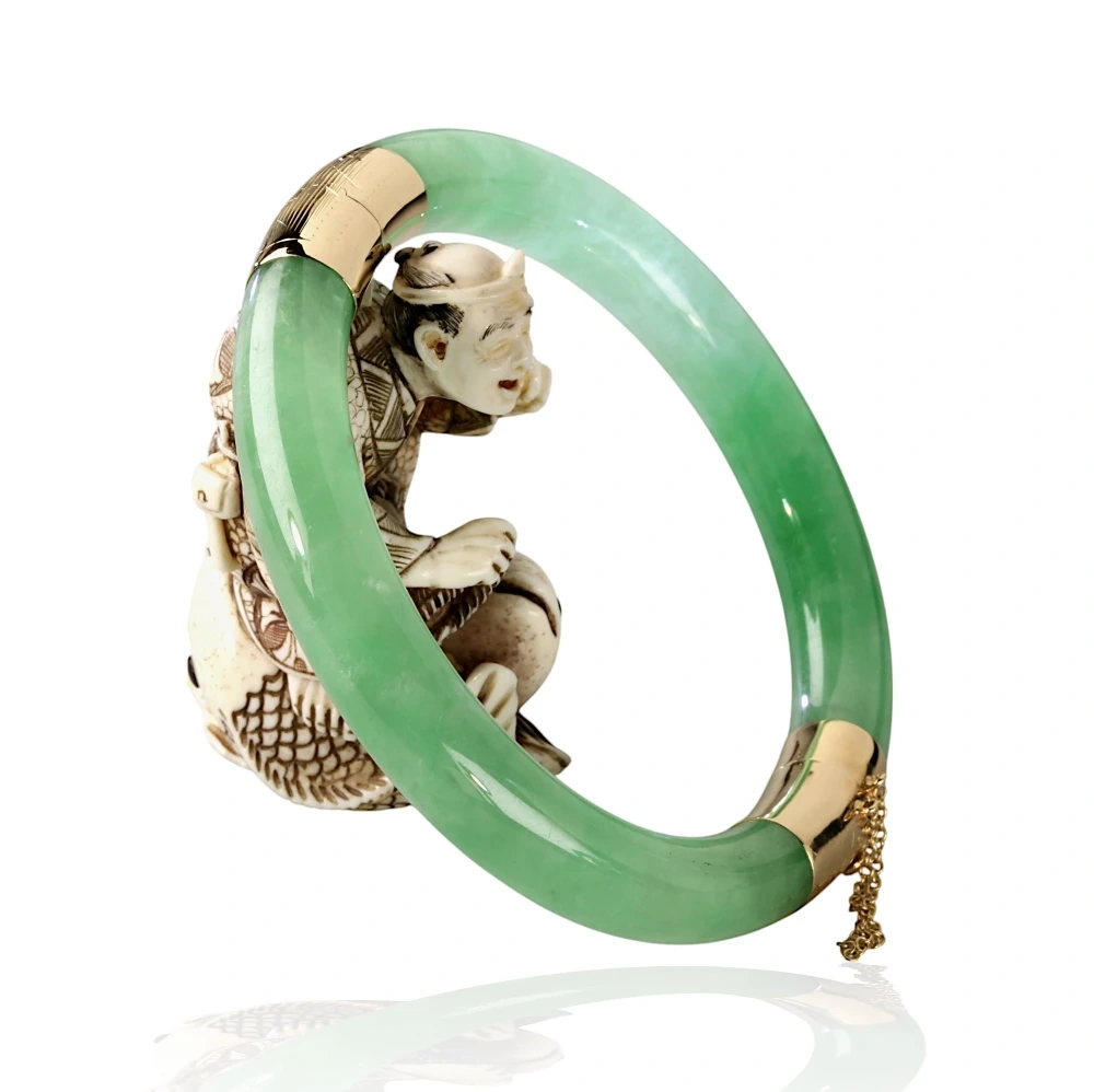 14K Gold Green Jade Hinged Bangle