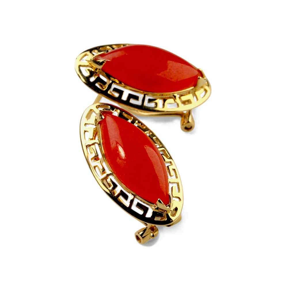 14K Gold Red Jade Earrings