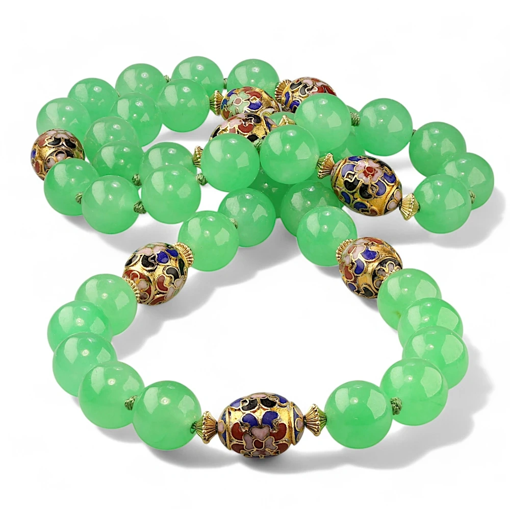 Green Jade Bead Necklace with Cloisonne Enamel Beads