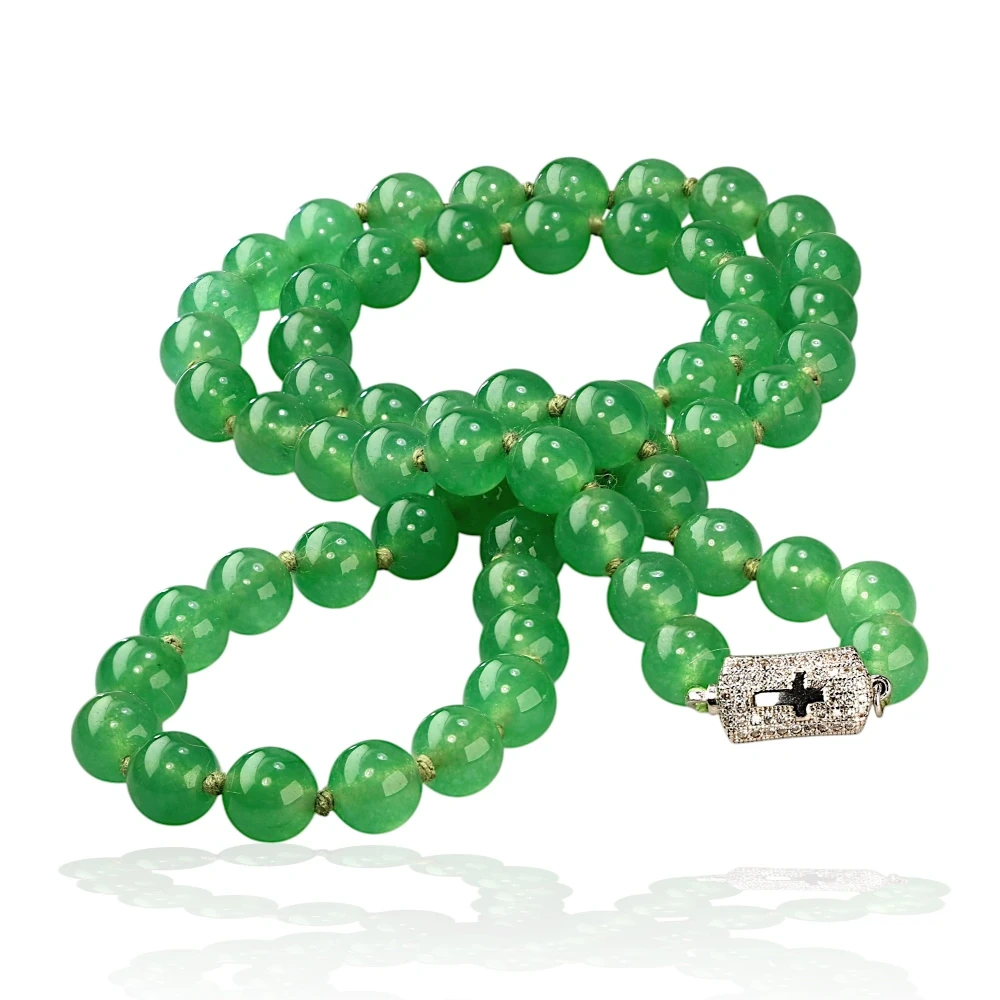 Imperial Green Jade Bead Necklace with Sterling Silver Clasp