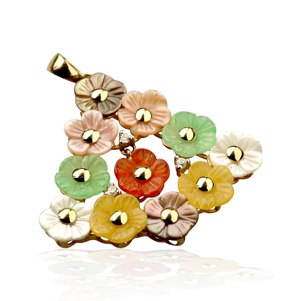 Multi-Color Jade Flower Tree Pendant in 14K Gold