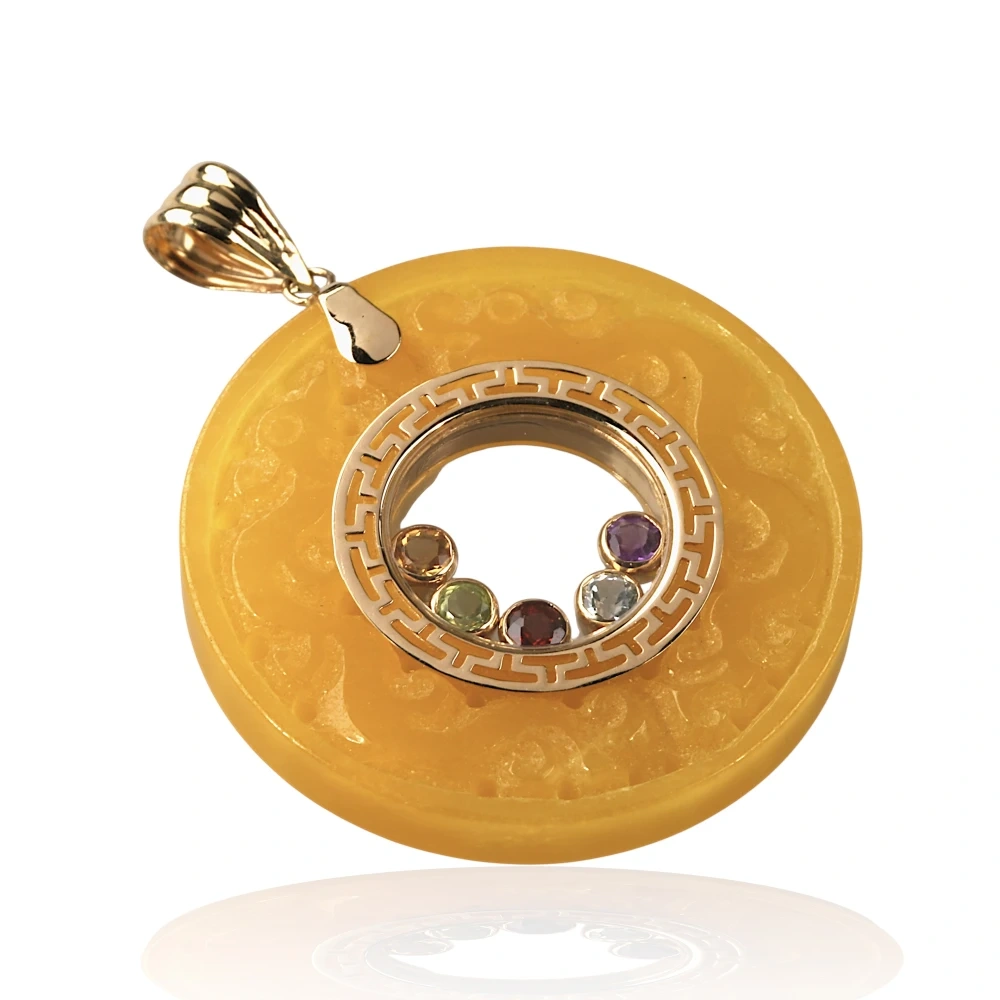 Yellow Jade Donut Pendant in 14K Gold