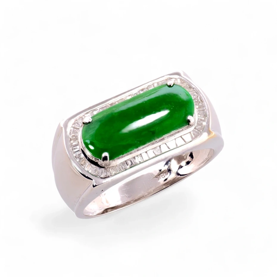 Imperial Green Jadeite Jade Ring in White Gold with Diamond Halo