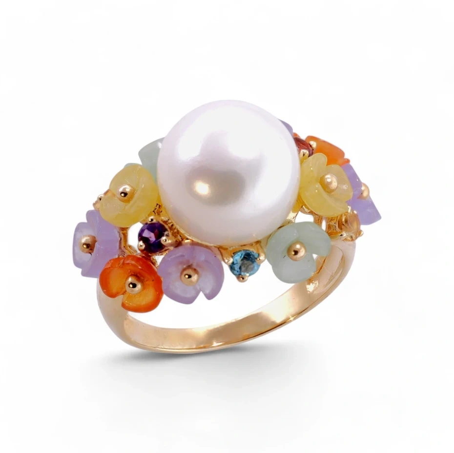 Freshwater Pearl & Multi Color Jadeite Jade Flower Ring in Solid 14K Yellow Gold
