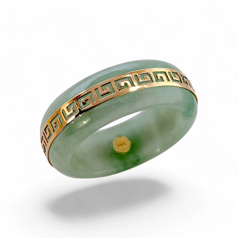 14K Gold Green Jade Greek Key Ring, Genuine Jadeite Jewelry
